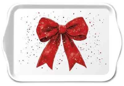 Obrázek produktu pro Vánoční podnos z melaminu, rozměry 13 x 21 cm, červená ozdobná mašle. Podnos z melaminu, rozměry 13x21 cm, dekorativní mašle červené a bílé barvy