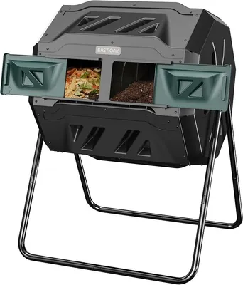 Immagine prodotto di Contenitore per compostaggio da esterno, capacità 140 litri, bidone compostabile a doppia camera con 2 sportelli scorrevoli e sistema di ventilazione, bidone compostabile rotante per cucina, giardino e cortile