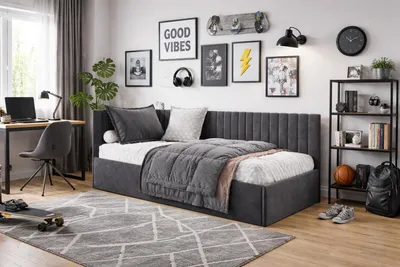 Produktbild von Bett Bubu 100x200 cm, Polsterbett mit Metallrahmen, Jugendbett mit Bettkasten, Jasmine-Stoff, Graphit