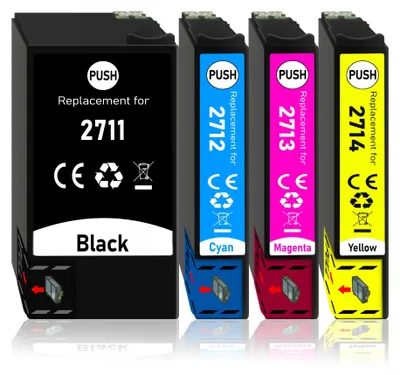 Four printer ink cartridges lined up against a white background.