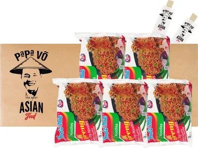 A box of instant noodles with a graphic of a man wearing a conical hat.