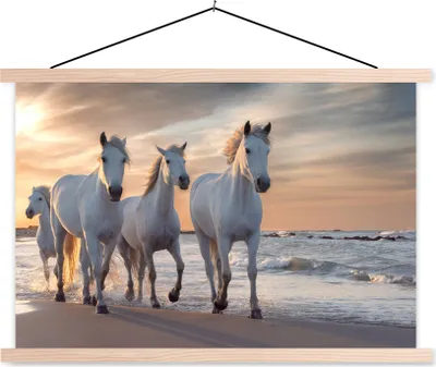 Produktbild von MuchoWow® Textilposter Pferde - Sonne - Strand - Meer 60x40 cm mit holzfarbenen Rahmen - Bilder