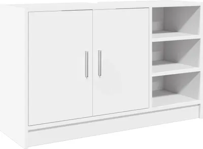 A white cabinet with two doors and three open shelves on the right side, shown against a white background.