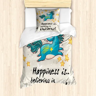 Produktbild von ABAKUHAUS Einhorn Bettbezug Set für Einzelbetten, Sterne Glück Freude Symbol, Milbensicher Allergiker geeignet mit Kissenbezug, Blasser Tan Senf Dunkles Himmel Blau Dunkel Seafoam