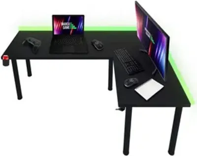 Produktbild von Narożne biurko gamingowe Marco Game Corner LED RGB 2x otwory na kable i 8 nóg 200x135x65cm czarny