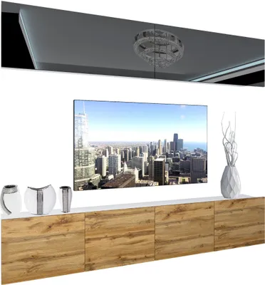 Produktbild von BELINI Wohnwand Vollausstattung Wohnzimmer-Set Moderne Schrankwand mit LED-Beleuchtung Weiß Glänzend Anbauwand TV-Schrank Schwarz / Eiche Wotan Glänzend/Matt