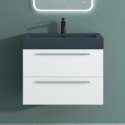 Produktbild von Mai & Mai Badmöbelset Komplett Set Waschbeckenunterschrank 73cm Unterschrank in matt weiß mit Waschschbecken aus Mineralguss Quadratto