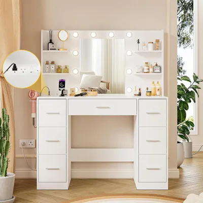 Produktbild von Schminktisch mit Spiegel – Schminktisch – Schminkroutine – Verstellbare LED-Beleuchtung – 110x40x137 cm – Weiß
