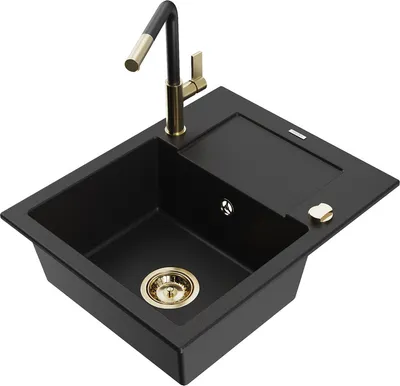 Produktbild von Mexen Enzo 1 Becken-Granitspüle mit Abtropffläche und Mischbatterie Flora, Schwarz - 6506-77-670401-57-G