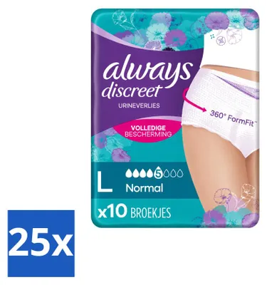 Imagen del producto de 25 calzoncillos absorbentes para incontinencia Always Discreet, talla L, paquete económico - 25 unidades
