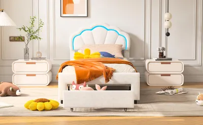 Image de Lit Enfant 90x200cm Avec Éclairage LED Et Tiroirs, Tête De Lit En Forme De Pétale, Blanc, Velours
