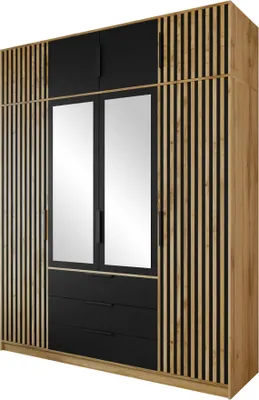 Produktbild von MIRJAN24 Kleiderschrank Tytus Lux D4 mit Schrankaufsatz, Garderobe mit 8 Drehtüren und 3 Schubladen, Aluminumgriffe, Kleiderstange, Frontspiegel (Farbe: Eiche Wotan / Schwarz + Eiche Wotan)