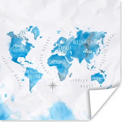Produktbild von MuchoWow® Poster Aquarell - Weltkarte - Blau 50x50 cm - Wohnzimmerdekoration