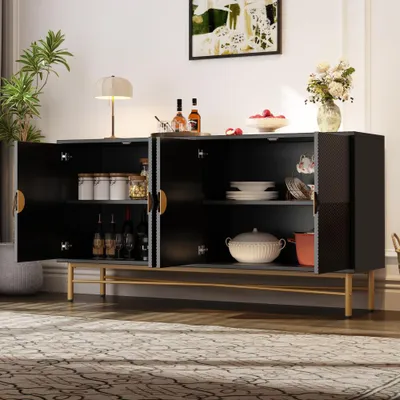Productafbeelding van Dressoir met reliëftextuur, 160 cm, kast met vier deuren, gouden geborstelde handgrepen en glanzende tafelpoten, zwart, 160x40x82 cm