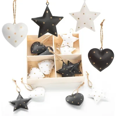 Produktbild von 16 Christbaumanhänger aus Metall Herzen + Sterne schwarz weiß Gold