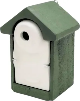 A birdhouse with a roll of toilet paper inside.