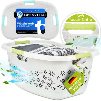 Produktbild von Premium Wäschekorb 50 L ergonomische Form - Soft-Touch-Griffe - großer Korb weiß weiß/mintgrün