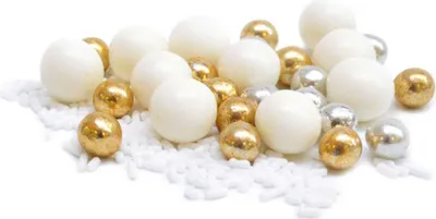 Produktbild von 80 g Zuckerkugeln im Glas, gold, silber und weiß.