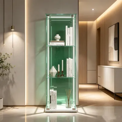 Immagine prodotto di Vetrina espositiva in vetro con illuminazione a LED e ante in vetro, mobiletto vetrina con 3 ripiani in vetro, vetrina espositiva in vetro, bianca, 123,3 x 39,8 x 35 cm