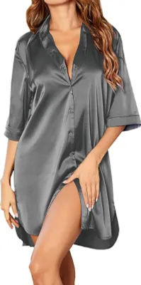 Produktbild von Damen Sommer Nachthemd Halbarm Hemd Typ Revers Einreihig Locker Einfarbig Satin Locker Geteilter Saum Homewear Schlafkleid Nachtwäsche