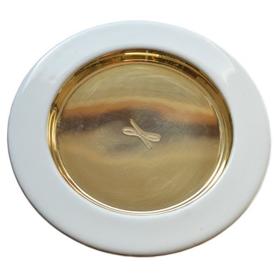 Kerzenteller gold-farben mit weißem Rand Messing mit Emaille Ø 12cm