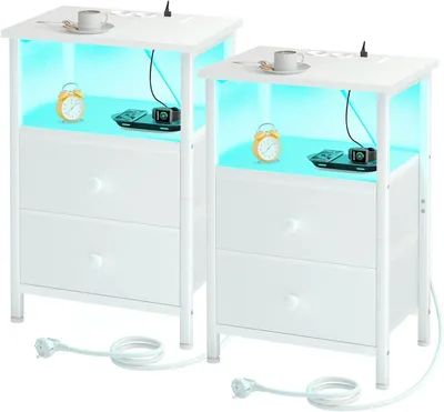 Obrázek produktu pro Noční stolky – Přídavé stolky – Nabíjení a úložný prostor – S LED osvětlením – 30 x 40 x 60 cm – Bílé