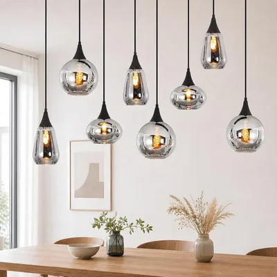 Obrázok produktu pre ZMH, závesné svietidlo, sklenená lampa, výška 126 cm, pätica E27, vhodné do obývačky, 8 žiaroviek, lampa nad jedálenský stôl, závesné svietidlo, vintage štýl, obývacia lampa, sklenená guľa, čierna farba