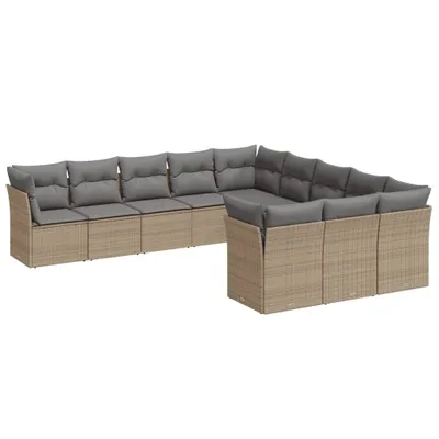 Produktbild von Modulares Garten-Sofa-Set, 11-teilig, mit Stauraum, wasserabweisendem Beutel, UV-beständig, Poly Rattan Beige, Kissen Hellgrau