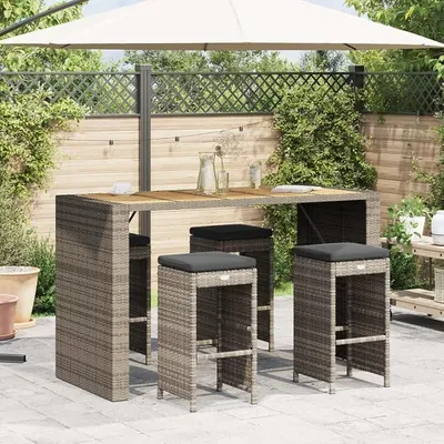 Produktbild von Garten Barhocker Set mit Kissen, 4 STK. Grau Poly Rattan, Gartenmöbel Barhocker mit Stahlrahmen und Polsterung, Wetterfeste Garten aus Poly Rattan, für den Außenbereich