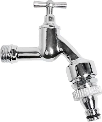 Obrázek produktu pro Kirchhoffův výtokový kohout s vnějším závitem 1/2" s nástavcem na hadici Gardena Click, vodovodní kohout s perlátorem a zpětnou klapkou, kohout chromový