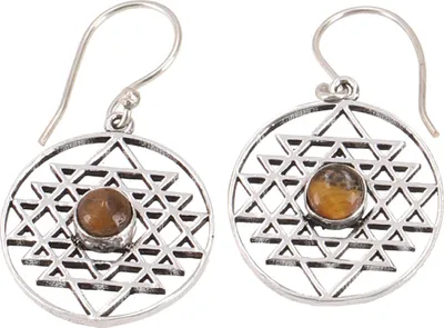 Produktbild von Tribalohrringe aus Messing, Ethnoohrringe Shri Yantra, Goaschmuck - Silber/Tigerauge, Silber-Farben, 3,5* cm, Ohrringe + Ohrstecker Modeschmuck