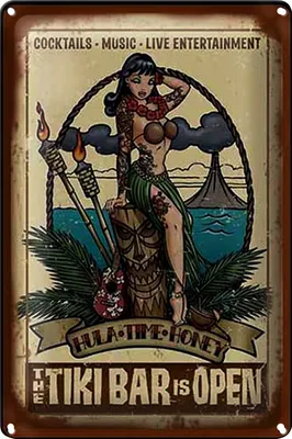 Produktbild von Blechschild Pin Up 20x30cm TIKI Bar is Open Cocktail Music