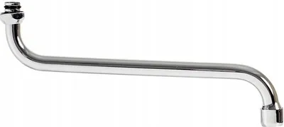 A chrome-plated faucet spout on a white background.