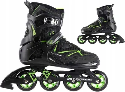 A pair of black and green inline skates are shown against a white background. One skate is in the foreground, and a second skate is in the background.
