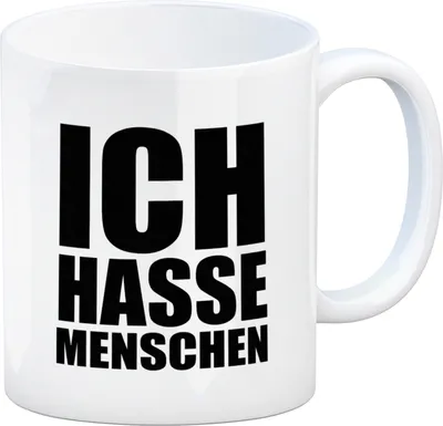 Produktbild von Kaffeebecher mit Mittelfinger Motiv und Spruch: Ich hasse Menschen Kaffeetasse