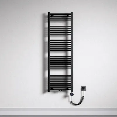 A black electric towel radiator mounted on a textured white wall.
