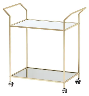 Productafbeelding van WOHNLING Serveerwagen goud, 73x78x37 cm. Keukenwagen, glazen/metalen constructie. Mobiele bijzettafel, serveerwagen met glazen blad. Thee- of minibars op 4 wielen