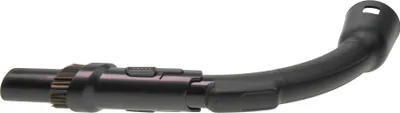 A black vacuum cleaner attachment with a curved handle and a brush head is shown against a white background.