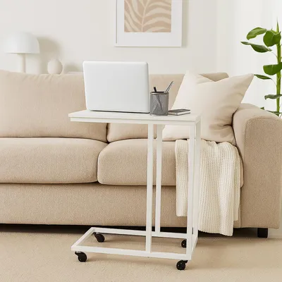 Image de Table d'appoint en forme de C avec roulettes, métal et MDF