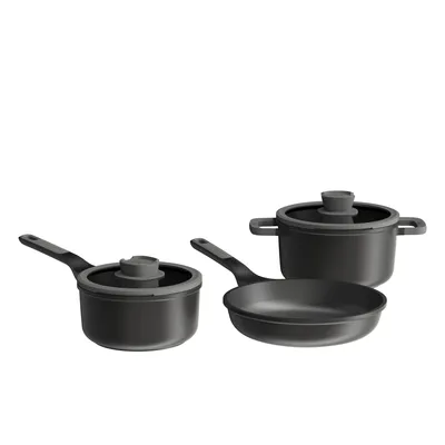 Produktbild von BergHOFF Leo Pfannenset, 5-teilig, recyceltes Aluminium, keramische Antihaftbeschichtung, induktionsgeeignet, mit Glasdeckel, grau, Cool-Touch-Griffe