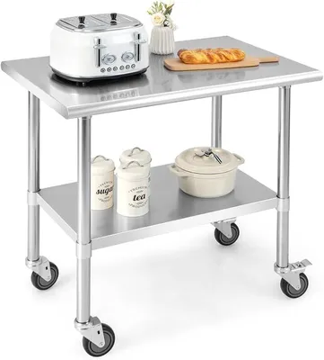 Produktbild von Arbeitstisch Edelstahl, Edelstahltisch mit Rollen höheverstellbar, Küchentisch Speisezubereitungstisch 2 Ebene, Zerlegetisch 250kg belastbar für Restaurant Küch (91,5x61x89,5 cm)