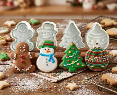 Produktbild von GKA 4 Stück Ausstechformen Weihnachten Keksausstecher 3D Plätzchenausstecher Stempel Ausstecher Schneemann Lebkuchenmann Tannenbaum Weihnachtskugel