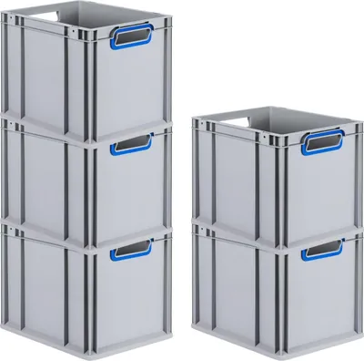Produktbild von SparSet 5x Eurobox NextGen Color | HxBxT 32x30x40cm | 30 Liter | Griffe blau offen | Glatter Boden | Grau | Eurobehälter, Transportbox, Transportbehälter, Stapelbehälter