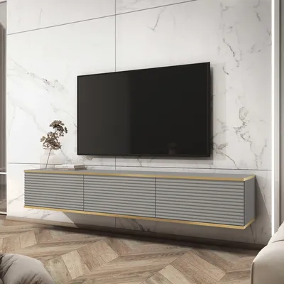 Obrázek produktu pro Bettso TV skříňka na zeď TV skříňka TV komoda TV skříňka se 3 dvířky Moderní TV skříňka do obývacího pokoje ORO 175 cm lamelová čela šedá
