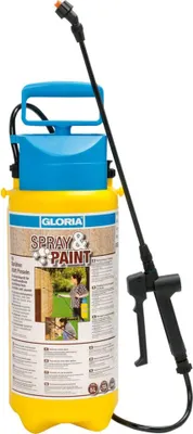 A yellow and blue pressure sprayer with a black hose and spray wand, shown against a white background.
