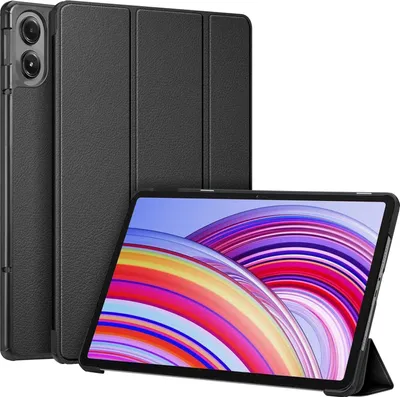 A black tablet case and a tablet are displayed against a white background.