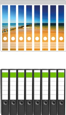 Produktbild von Wallario 8 Stück schmale Ordner inkl. Klebeetiketten mit Motive Sandstrand in orange - Blaues Meer - Blauer Himmel -  Set mit Rückenschildern / Ordnerrücken Stickern