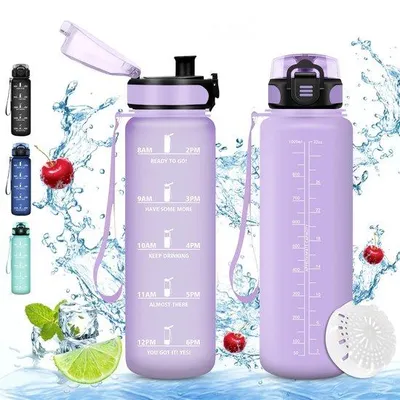 Immagine prodotto di Borraccia Ibenzoa® in plastica alimentare, priva di BPA, capacità 1 litro, con indicatore del tempo e guarnizione in silicone – borraccia robusta e a prova di perdite, ideale per lo sport