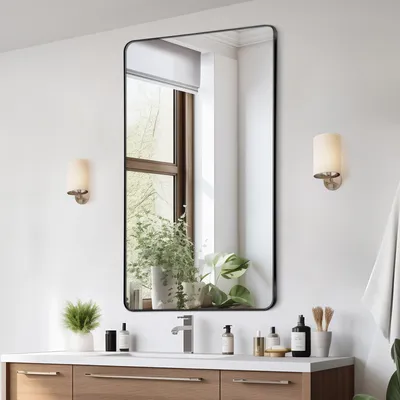Zdjęcie produktu dla VEVOR lustro ścienne lustro do makijażu lustro łazienkowe 915 x 610 x 25 mm prostokątne lustro, czarna rama ze stopu aluminium, z uchwytem w kształcie litery Z