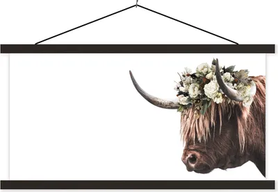 Produktbild von MuchoWow® Textilposter Schottisches Hochlandrind - Tiere - Blumen 120x60 cm mit schwarzem Rahmen - Dekoration Schlafzimmer